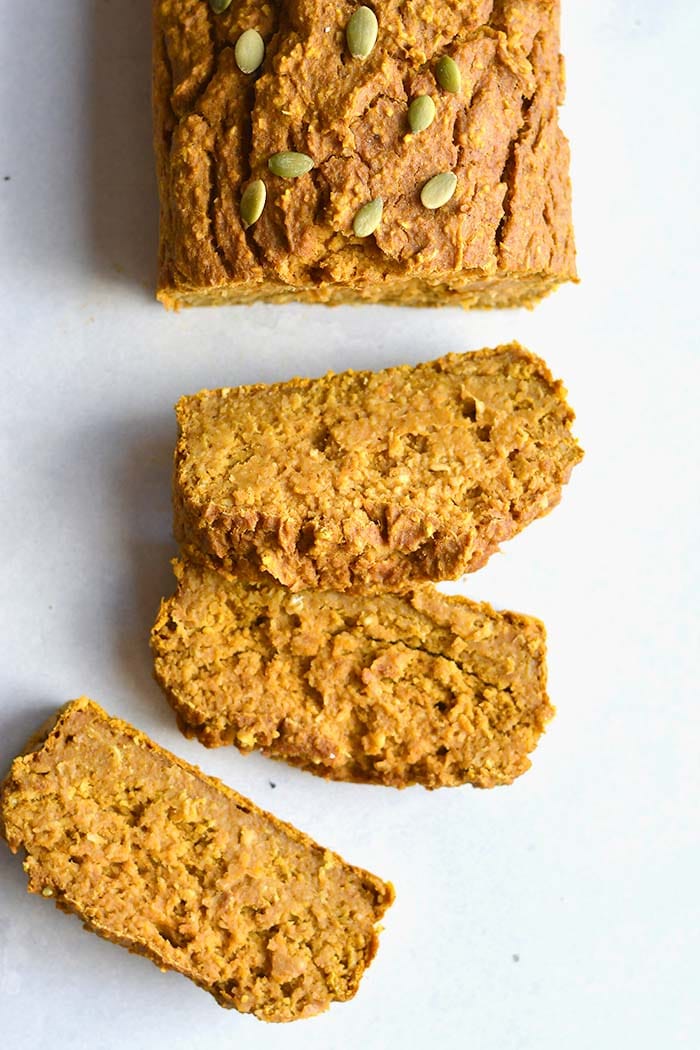 Healthy Pumpkin Oat Bread made flourless with gluten free oats and lightly sweetened. A naturally low calorie, low fat, low sugar snack. Low Calorie + Gluten Free