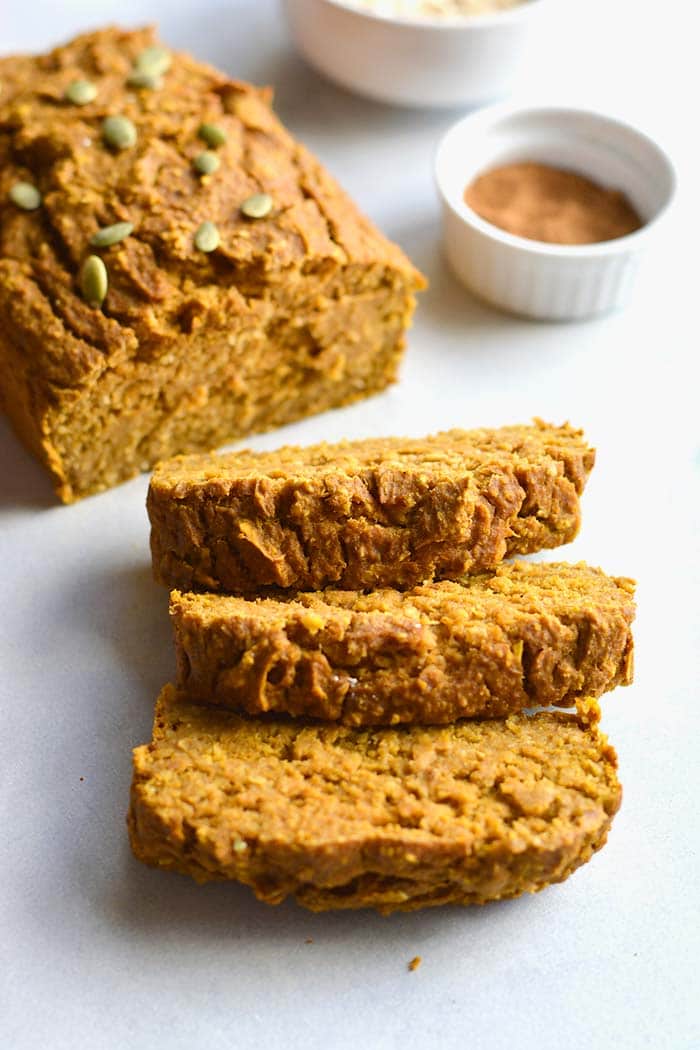 Healthy Pumpkin Oat Bread made flourless with gluten free oats and lightly sweetened. A naturally low calorie, low fat, low sugar snack. Low Calorie + Gluten Free