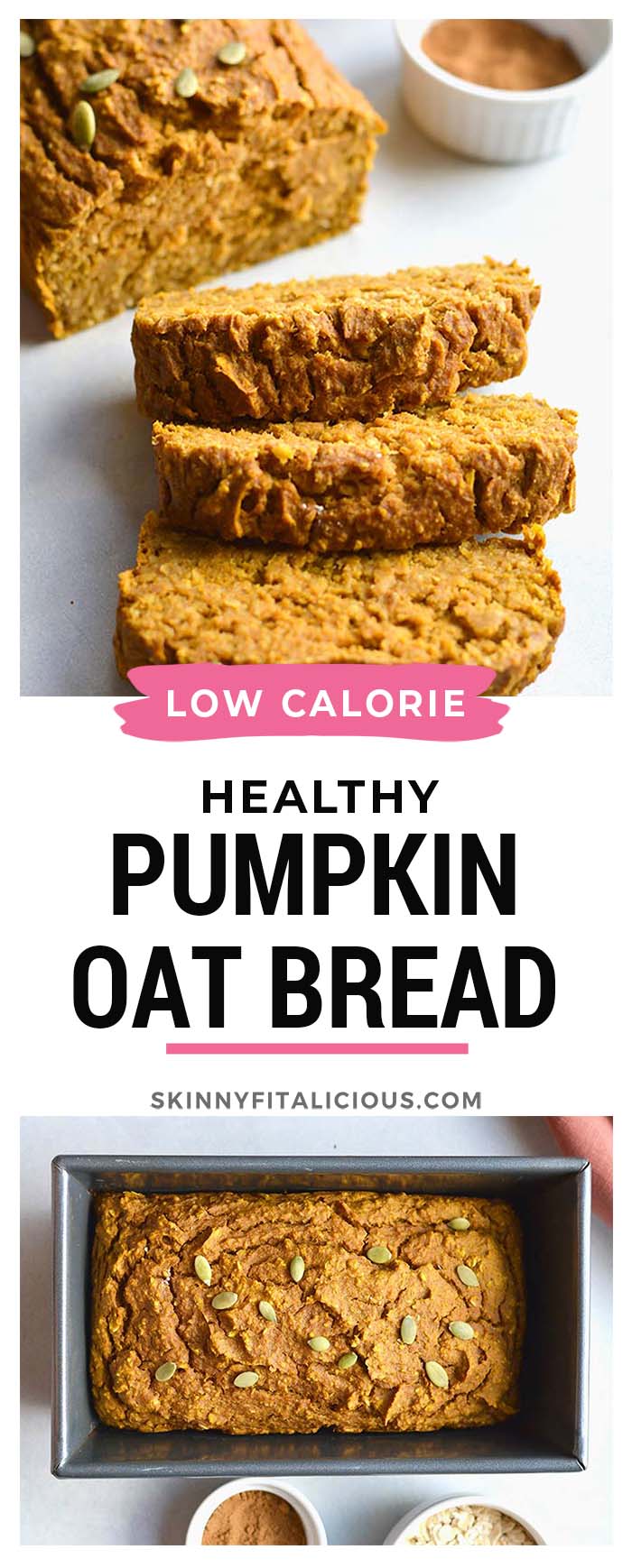 Healthy Pumpkin Oat Bread made flourless with gluten free oats and lightly sweetened. A naturally low calorie, low fat, low sugar snack. Low Calorie + Gluten Free