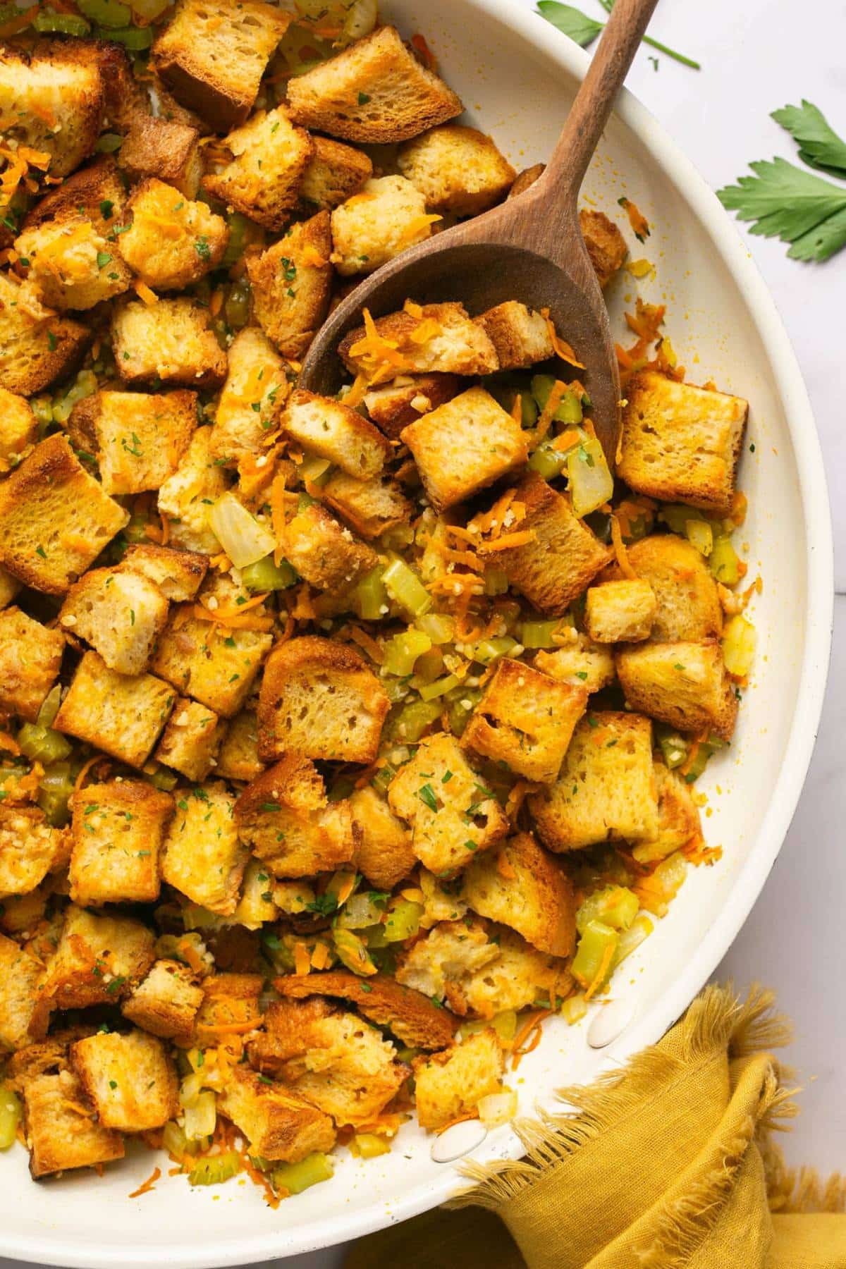 Healthy Stovetop Stuffing is made low calorie with more vegetables and gluten free bread. A delicious and healthier stuffing recipe! Gluten Free + Low Calorie + Vegan