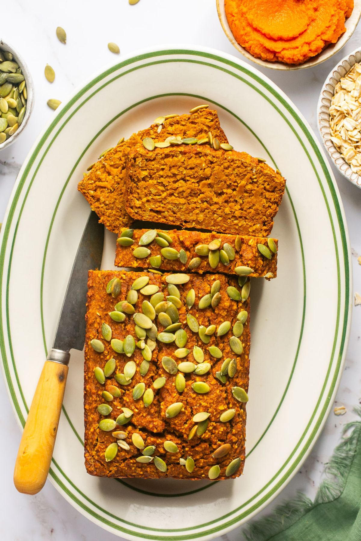 Healthy Pumpkin Oat Bread made flourless with gluten free oats and lightly sweetened. A naturally low calorie, low fat, low sugar snack. Low Calorie + Gluten Free