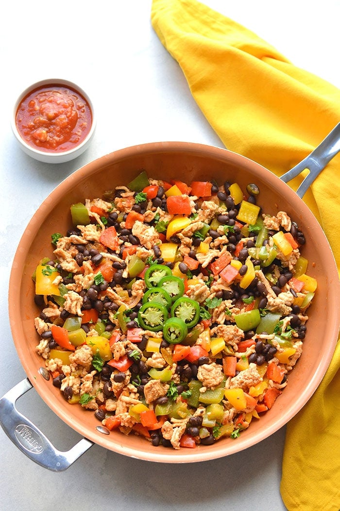 Healthy Turkey Skillet Burrito is a low calorie dinner recipe that is high protein and high fiber. The perfect weight loss meal! Gluten Free + Low Calorie