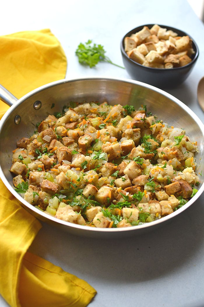 Healthy Stovetop Stuffing is made low calorie with more vegetables and gluten free bread. A delicious and healthier stuffing recipe! Gluten Free + Low Calorie + Vegan