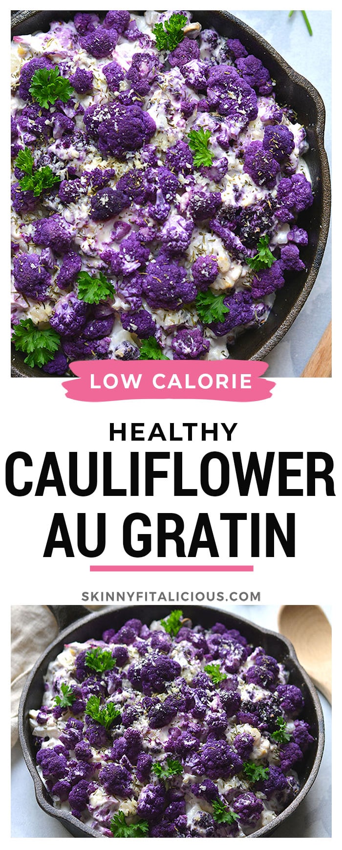 Healthy Cauliflower Au Gratin is a high protein, low calorie and gluten free recipe. Made easy in a single skillet and surprisingly delicious! 