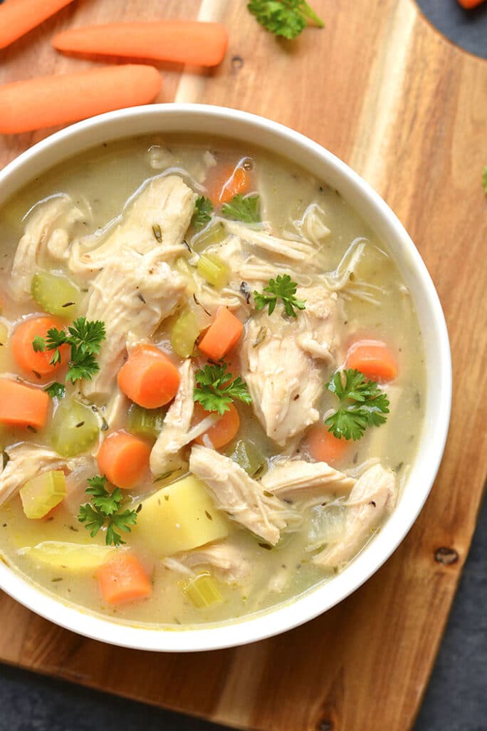 Healthy Chicken Pot Pie Soup {Low Cal, GF, Paleo} - Skinny Fitalicious®