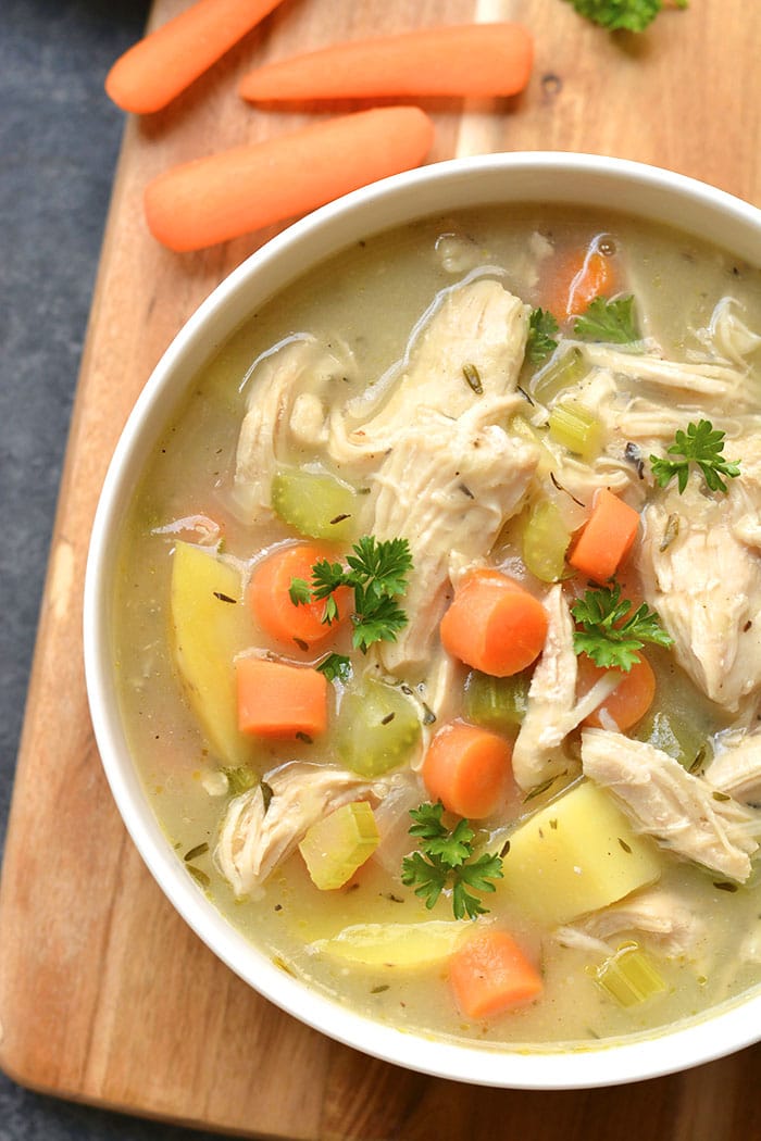 Healthy Chicken Pot Pie Soup is a low calorie soup recipe made without cream or dairy. A lighter chicken pot pie recipe that's delicious and gluten free!