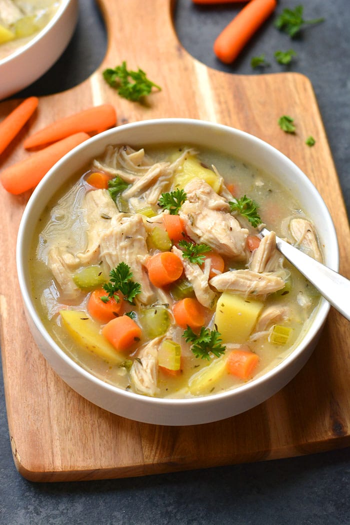 Healthy Chicken Pot Pie Soup is a low calorie soup recipe made without cream or dairy. A lighter chicken pot pie recipe that's delicious and gluten free!
