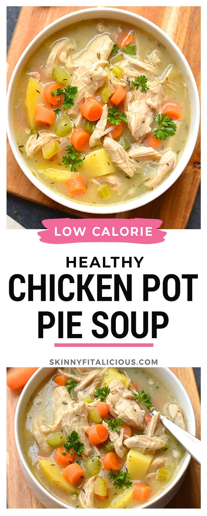 Healthy Chicken Pot Pie Soup is a low calorie soup recipe made without cream or dairy. A lighter chicken pot pie recipe that's delicious and gluten free! Low Calorie + Gluten Free + Paleo