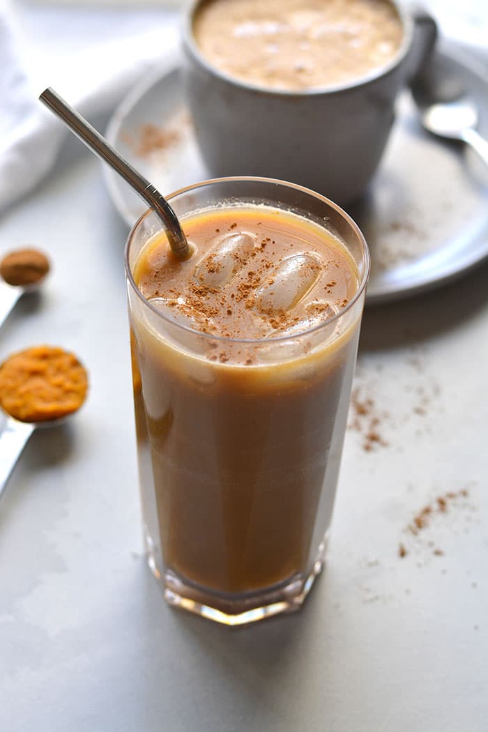 This Healthy Low Calorie Pumpkin Spice Latte recipe is made with less sugar, fewer calories and real pumpkin in under 2 minutes in a blender!