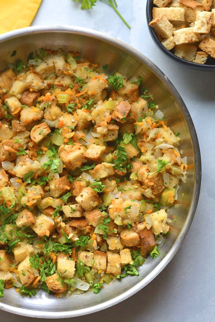 Healthy Stovetop Stuffing is made low calorie with more vegetables and gluten free bread. A delicious and healthier stuffing recipe! Gluten Free + Low Calorie + Vegan