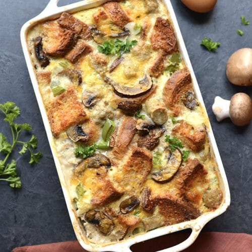 Healthy Breakfast Strata is a make-ahead breakfast casserole packed with sausage and veggies and gluten free bread! A simple and delicious holiday brunch recipe. Gluten Free + Low Calorie