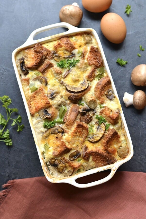 Healthy Breakfast Strata is a make-ahead breakfast casserole packed with sausage and veggies and gluten free bread! A simple and delicious holiday brunch recipe. Gluten Free + Low Calorie