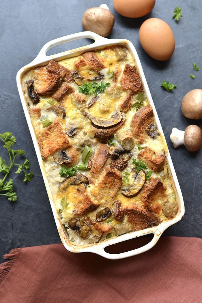 Healthy Breakfast Strata is a make-ahead breakfast casserole packed with sausage and veggies and gluten free bread! A simple and delicious holiday brunch recipe. Gluten Free + Low Calorie