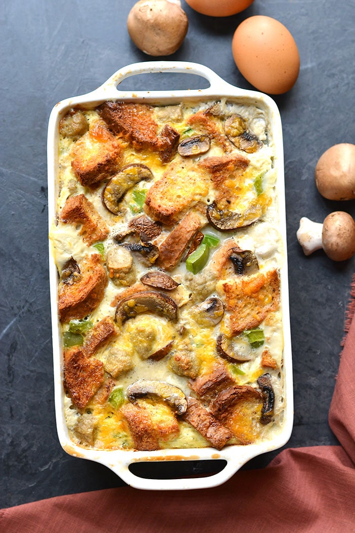 Healthy Breakfast Strata is a make-ahead breakfast casserole packed with sausage and veggies and gluten free bread! A simple and delicious holiday brunch recipe. Gluten Free + Low Calorie
