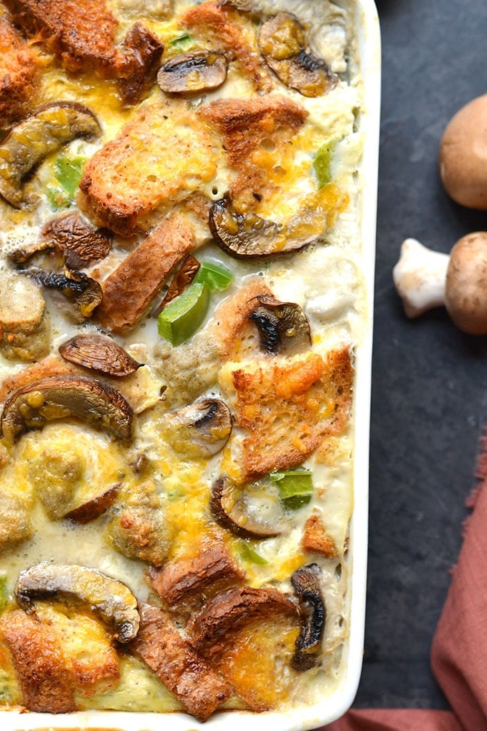 Healthy Breakfast Strata is a make-ahead breakfast casserole packed with sausage and veggies and gluten free bread! A simple and delicious holiday brunch recipe. Gluten Free + Low Calorie