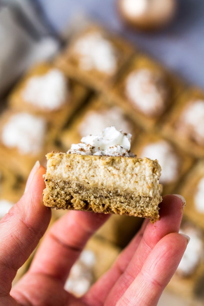 Healthy Eggnog Bars are made low calorie with gluten free and real food ingredients. A delicious and healthy holiday dessert recipe! Low Calorie + Gluten Free