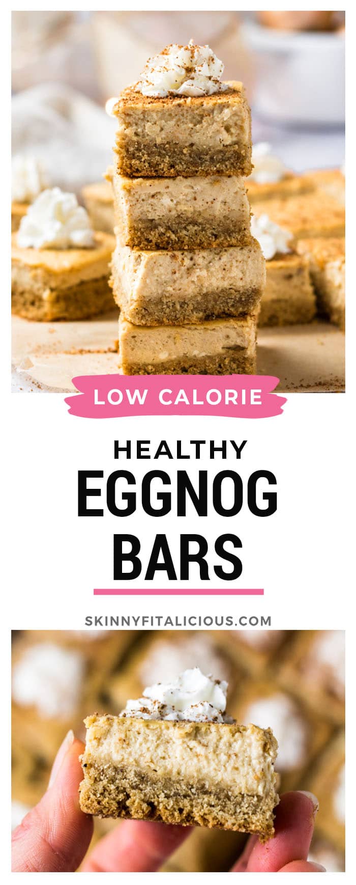 Healthy Eggnog Cheesecake Bars are made low calorie with gluten free and real food ingredients. A delicious and healthy holiday dessert recipe!
