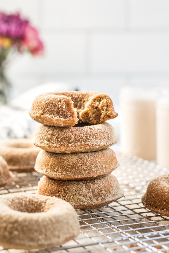 Healthy Gingerbread Donuts made lower calorie, gluten free and with wholesome, real ingredients. A lighter and healthier holiday treat dusted with a light maple sugar topping. Gluten Free + Low Calorie