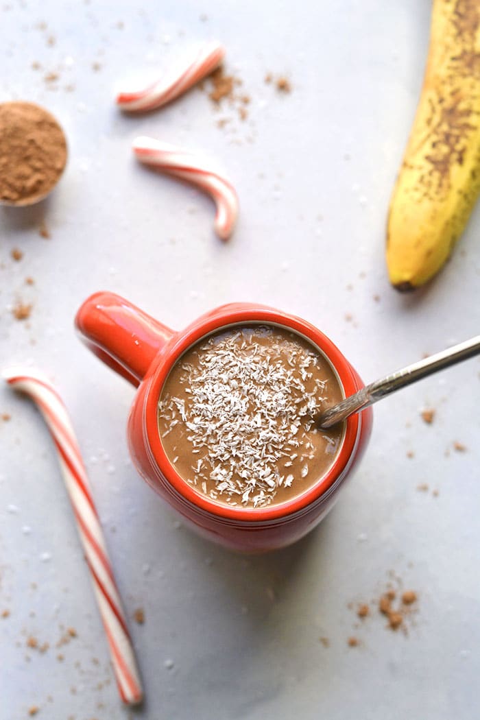 Healthy Hot Chocolate Smoothie is high protein protein, gluten free, dairy free and a great snack for weight loss and hormones. Low Calorie + Gluten Free + Vegan