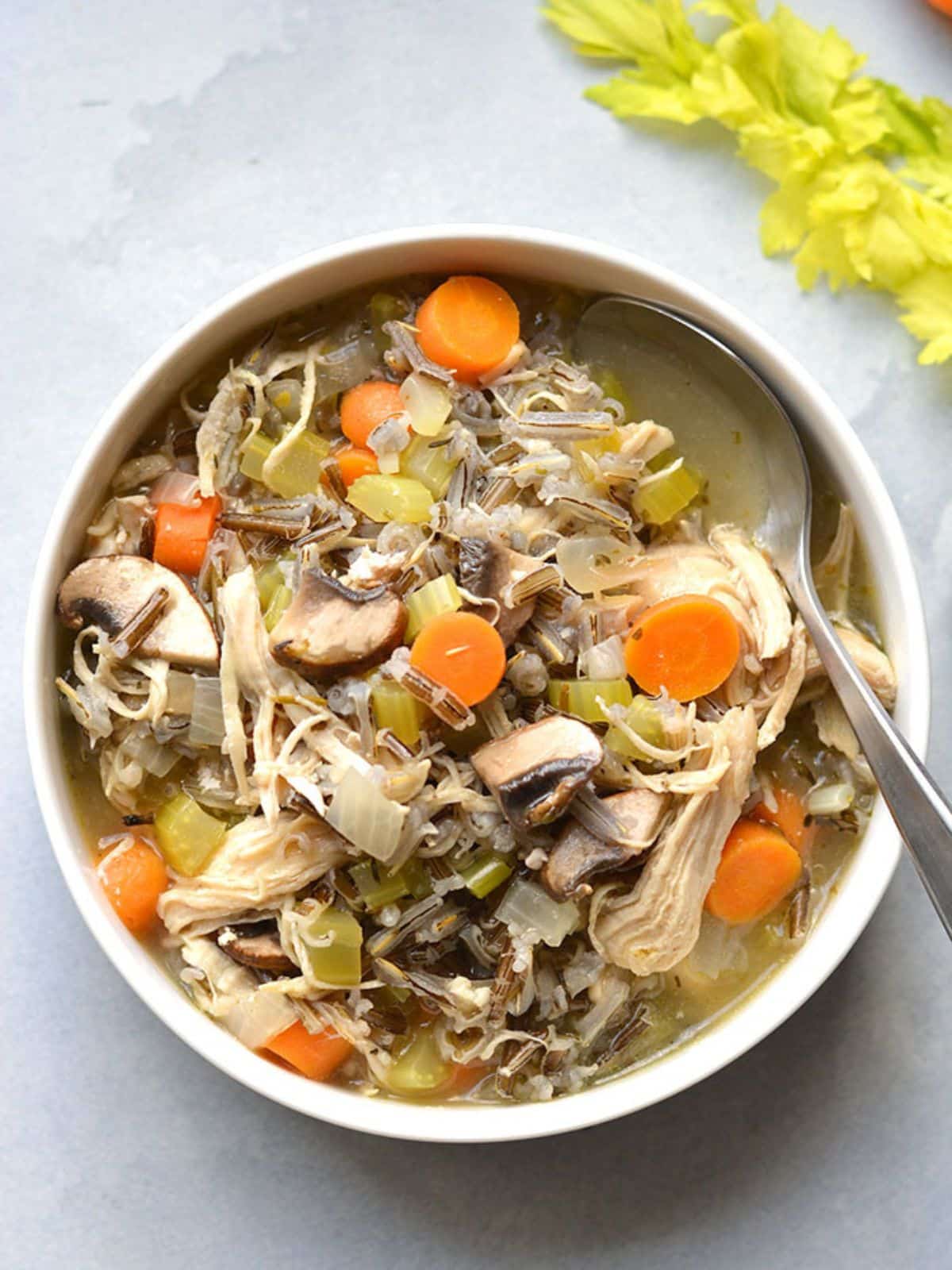 Turkey and wild rice soup in a bowl.
