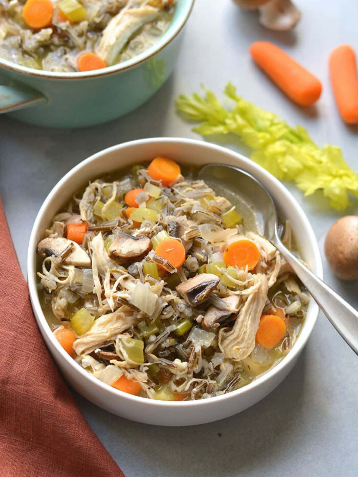 Turkey and wild rice soup in a bowl.