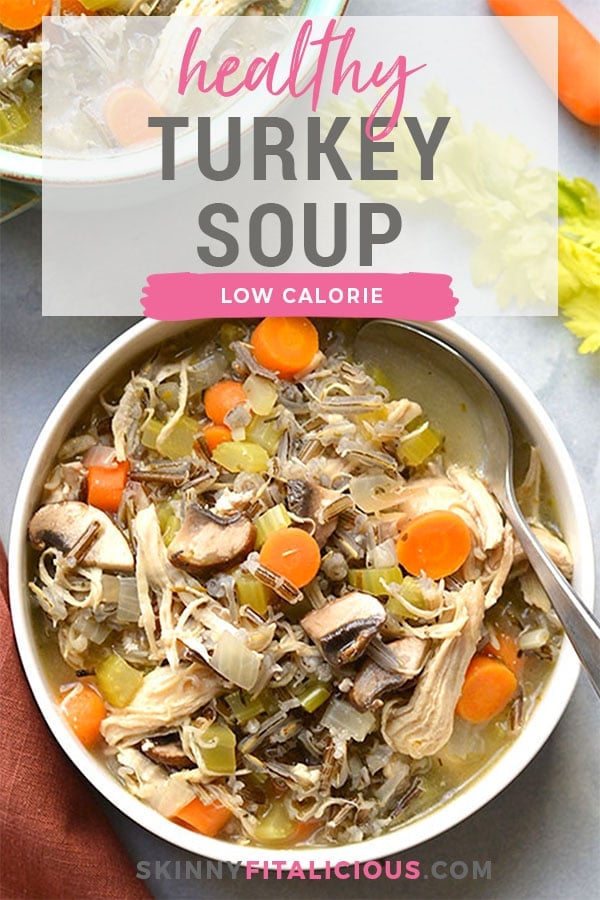 Healthy Turkey Wild Rice Soup is perfect for Thanksgiving leftover turkey! A low calorie meal that's naturally gluten free and veggie packed.