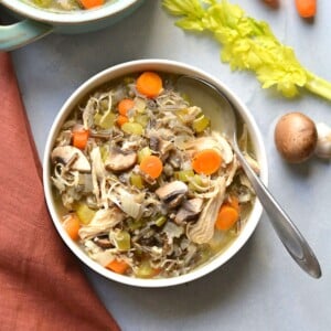 Turkey and wild rice soup in a bowl.