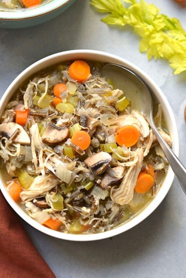 Turkey and wild rice soup in a bowl.