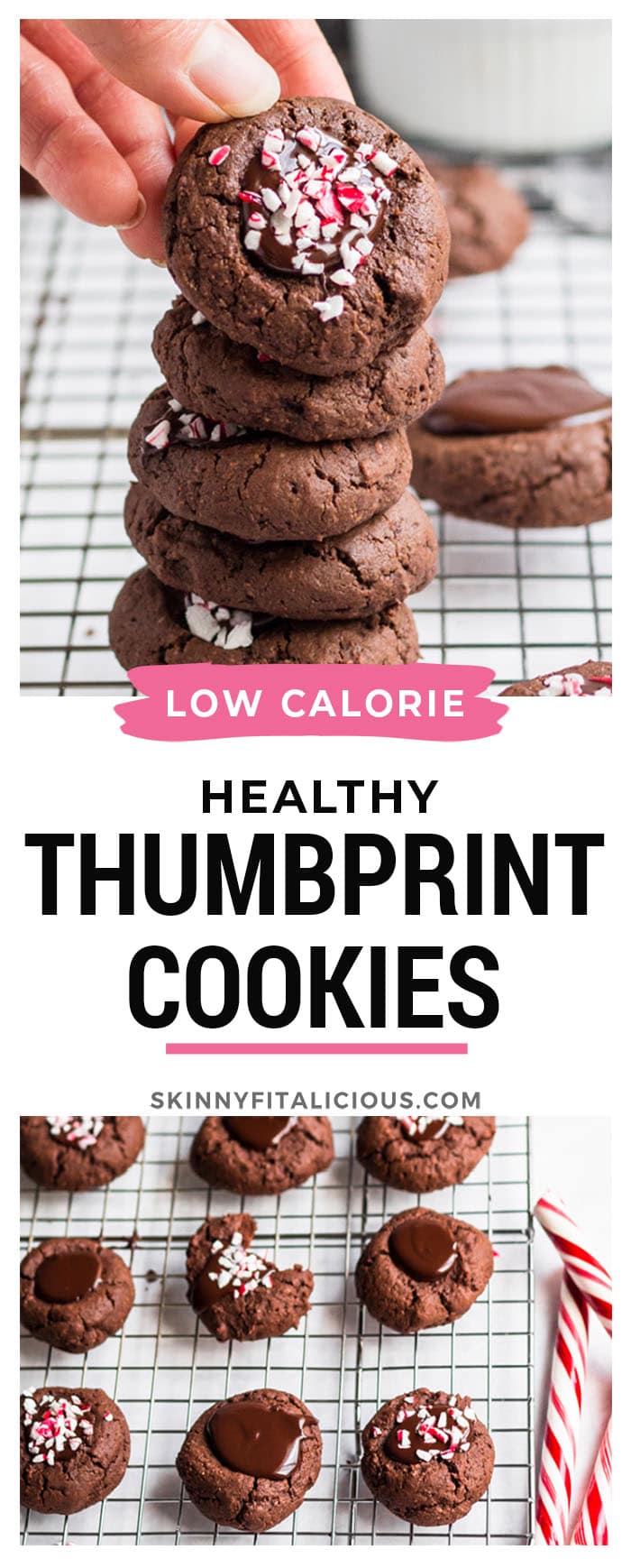Healthy Chocolate Thumbprint Cookies made low calorie and gluten free are a delicious holiday cookie recipe with peppermint sprinkles on top!