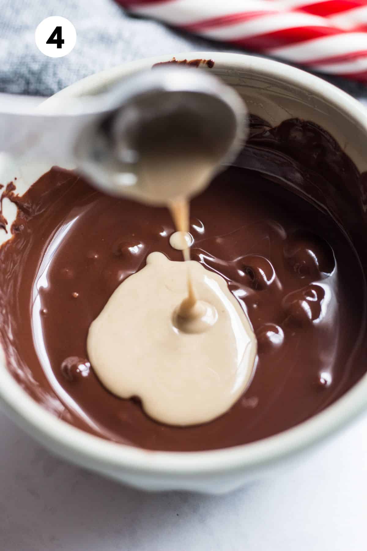 Ingredients for making the ganache for these cookies being added to a mixing bowl.