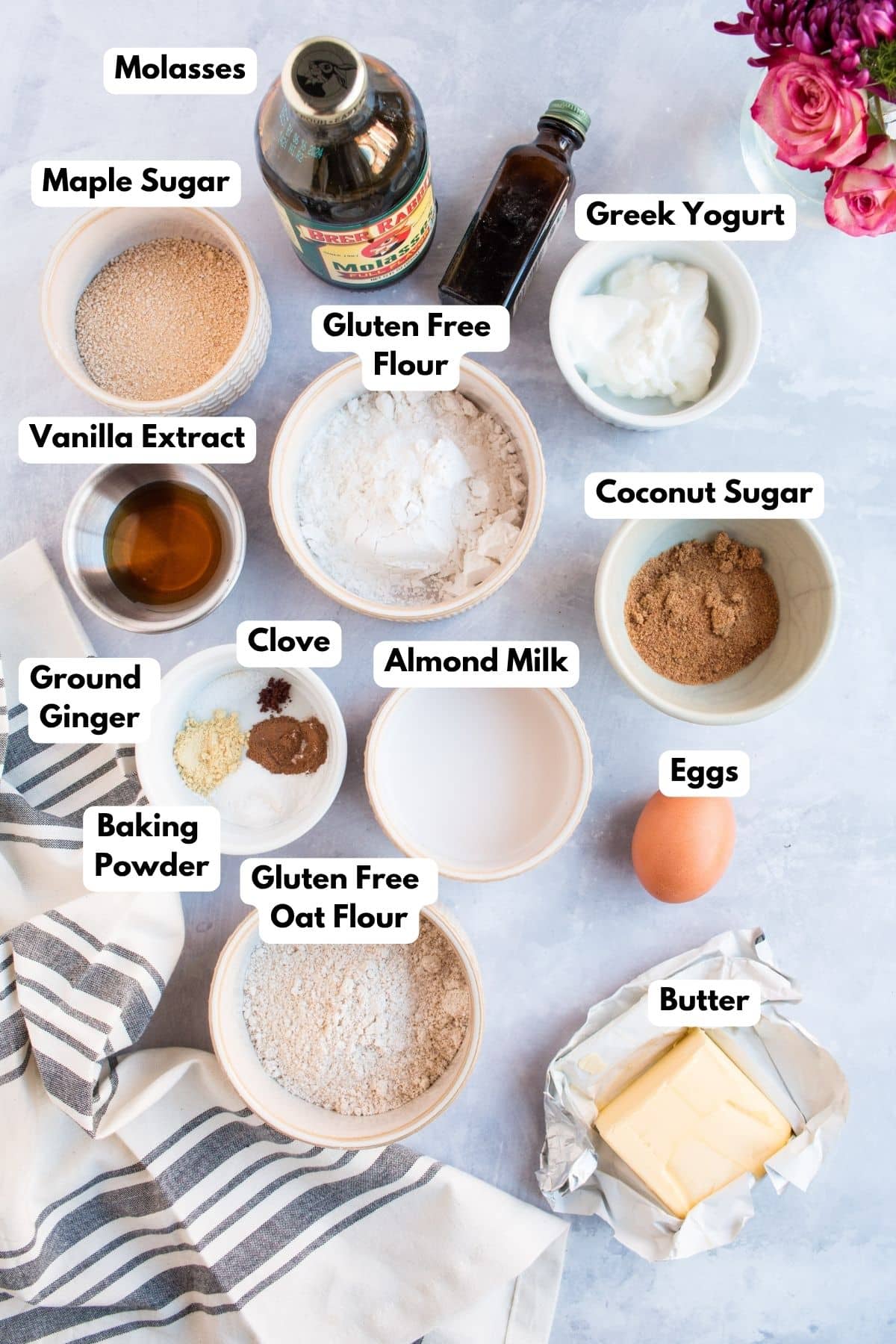 Ingredients for making gingerbread donuts in bowls.