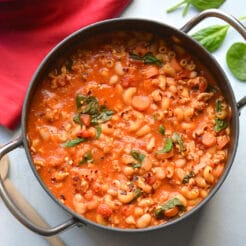 Healthy Pasta e Fagioli is a cozy, protein and fiber packed low-calorie pasta dinner recipe. Made on the stovetop for a simple, tasty and filling meal.