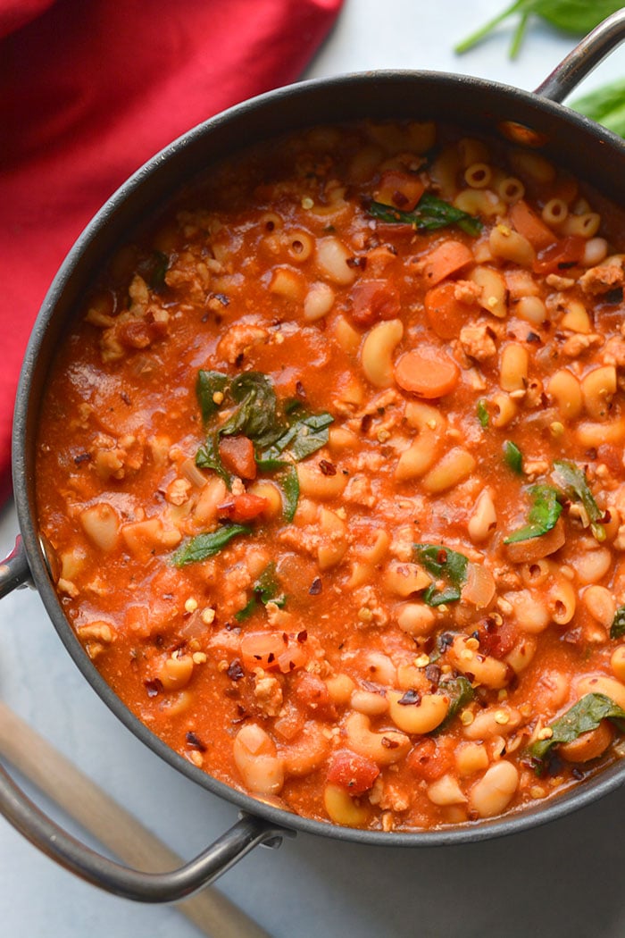 Healthy Pasta e Fagioli is a cozy, protein and fiber packed low-calorie pasta dinner recipe. Made on the stovetop for a simple, tasty and filling meal. 