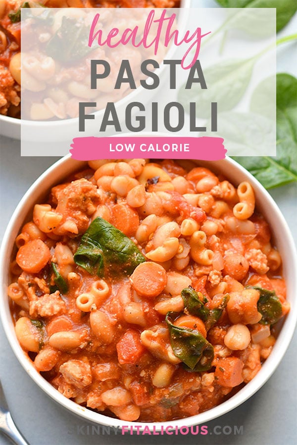 Healthy Pasta Fagioli is a cozy, protein and fiber packed low calorie dinner recipe. Made with a few simple ingredients swaps to make it lower calorie and nutritionally balanced for a tasty and filling meal. 