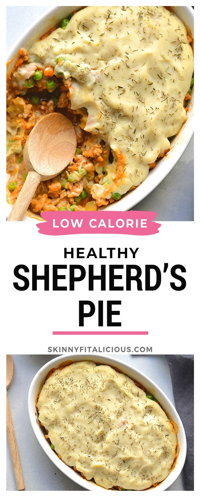 Healthy Shepherd's Pie is a low calorie recipe that's lower in carbs, high in protein and fiber. Made with a delicious roasted garlic cauliflower top and a lighter filling a for a filling and comforting winter meal. Low Calorie + Gluten Free