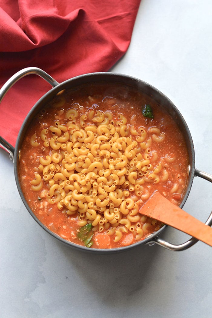 Healthy Pasta Fagioli is a cozy, protein and fiber packed low-calorie pasta dinner recipe. Made on the stovetop for a simple, tasty and filling meal. 