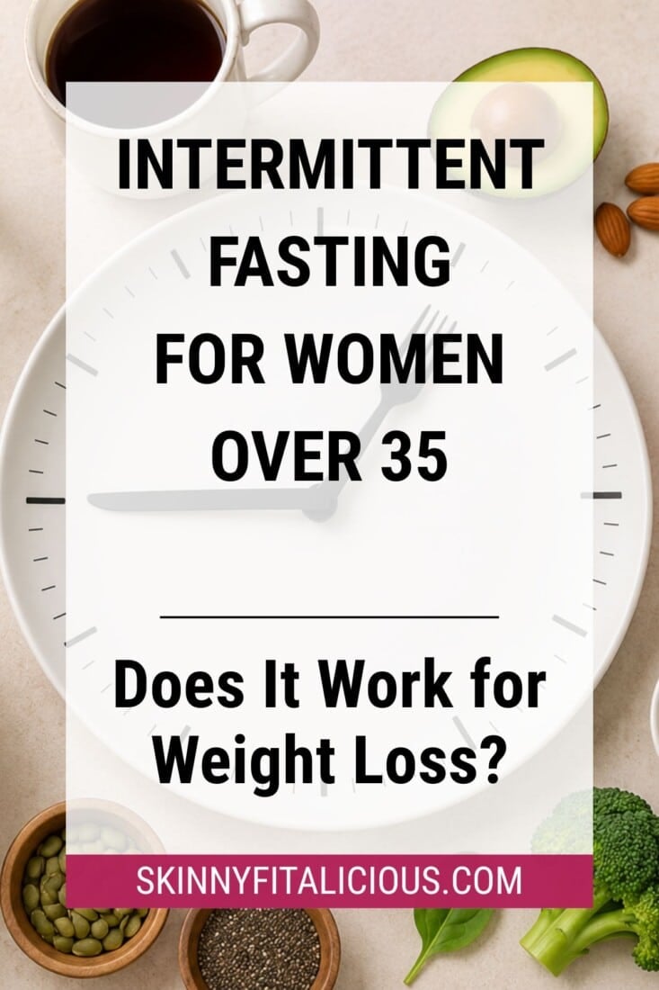 Clock plate with fork and knife surrounded by healthy foods including avocado, coffee, broccoli, nuts, and seeds, representing intermittent fasting for women over 35.