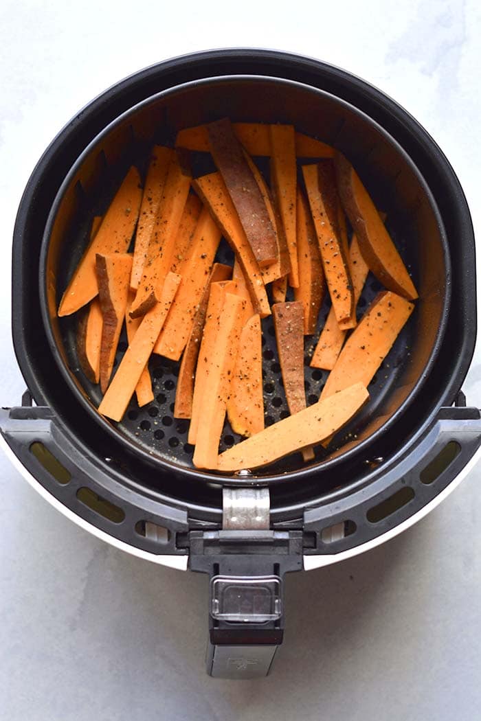 Healthy Air Fryer Sweet Potato Fries are a low calorie side made easy in an air fryer. Deliciously crispy and fried without the oil.