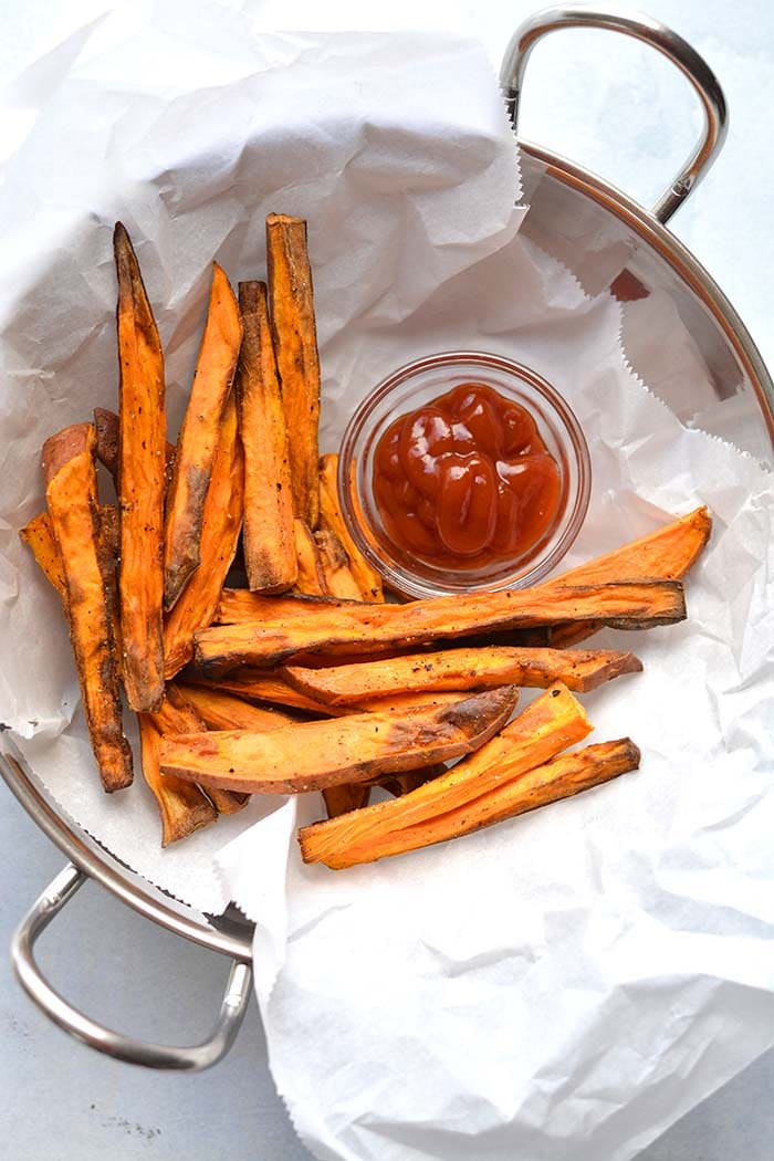 Healthy Air Fryer Sweet Potato Fries are a low calorie side made easy in an air fryer. Deliciously crispy and fried without the oil.