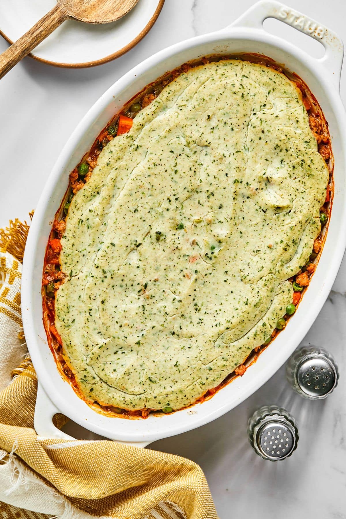Healthy sheperds pie in an oval baking dish.