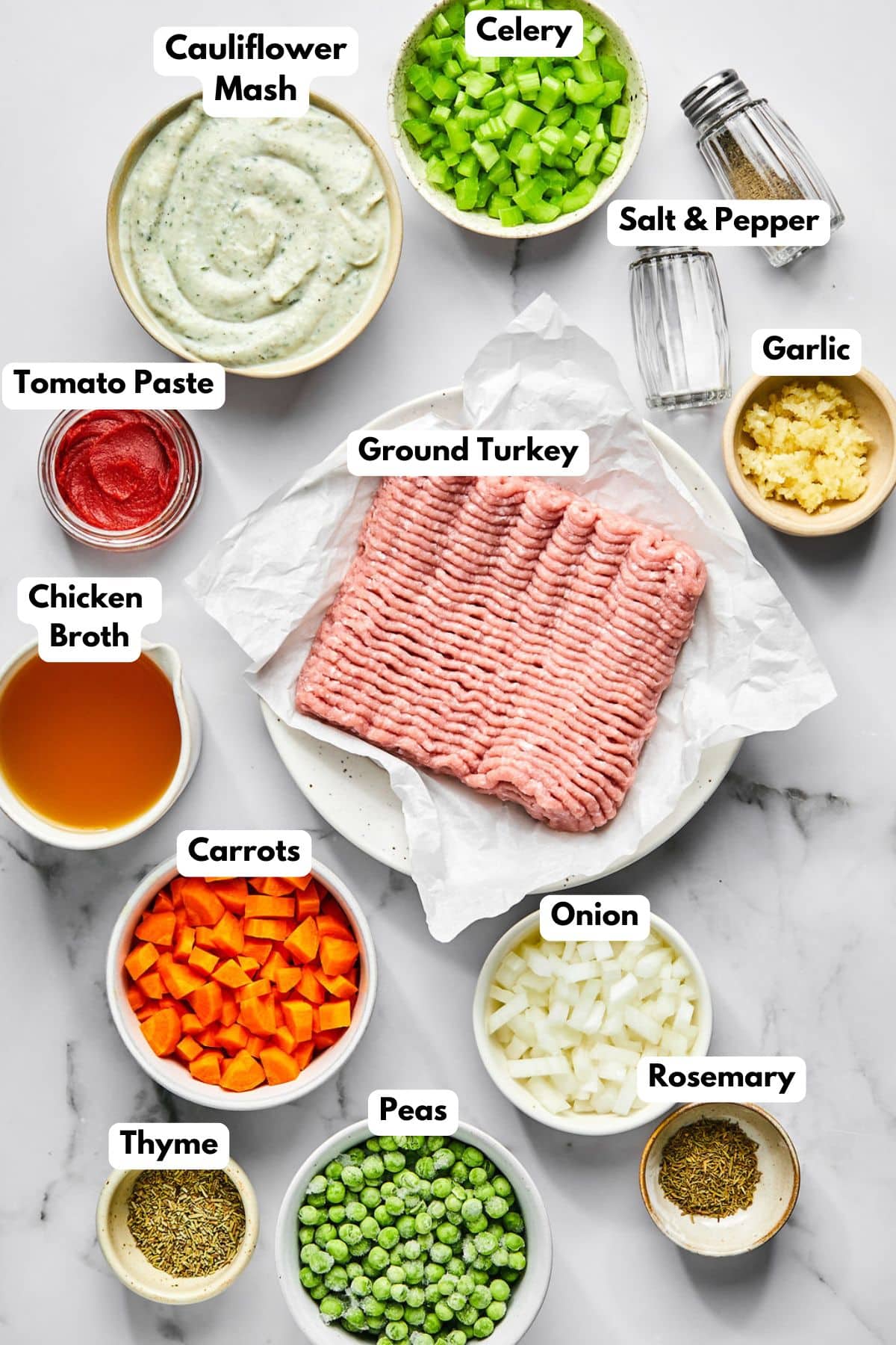 Ingredients for making healthy shepherds pie in bowls.