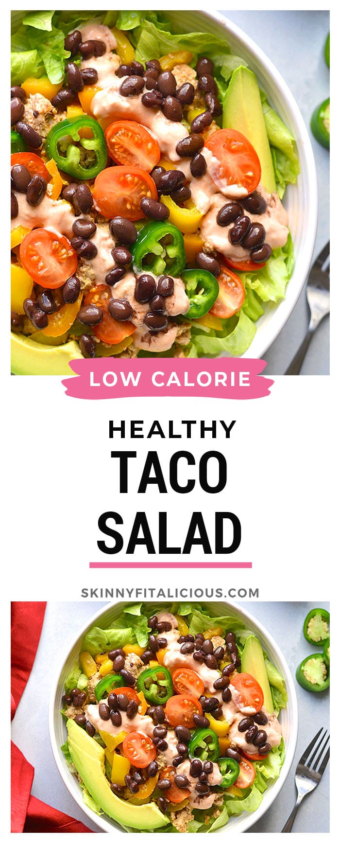 This Healthy Taco Salad is a low calorie meal packed with veggies, ground turkey, black beans and topped with a Greek yogurt salsa dressing. A super simple meal that's filling, high in protein and fiber to keep cravings away.