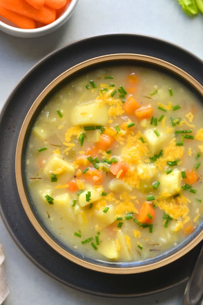 Healthy Potato Soup is a low calorie, dairy free soup recipe made in the Instant pot and includes slow cooker and stovetop versions. A delicious soup recipe that is veggie packed and simple. 