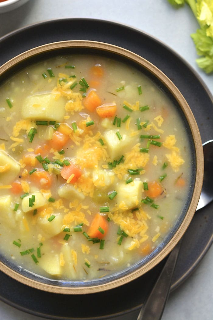 Healthy Potato Soup is a low calorie, dairy free soup recipe made in the Instant pot and includes slow cooker and stovetop versions. A delicious soup recipe that is veggie packed and simple.