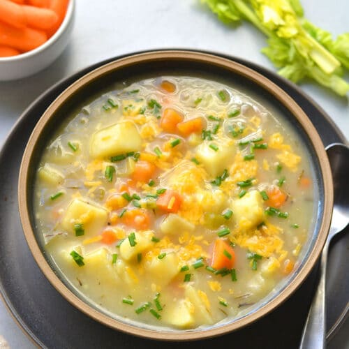 Healthy Potato Soup is a low calorie, dairy free soup recipe made in the Instant pot and includes slow cooker and stovetop versions. A delicious soup recipe that is veggie packed and simple.