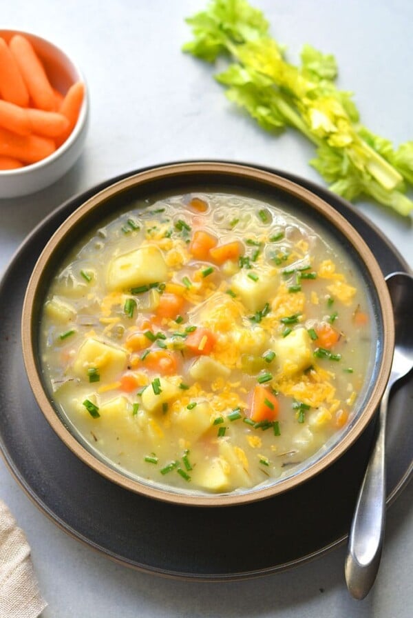 Healthy Potato Soup is a low calorie, dairy free soup recipe made in the Instant pot and includes slow cooker and stovetop versions. A delicious soup recipe that is veggie packed and simple.