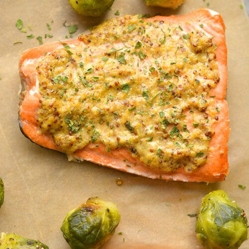 Healthy Air Fryer Mustard Salmon is a delicious mustard-glazed salmon recipe. Pair with a vegetable and another side for a simple nutrient dense meal. A naturally low calorie, gluten free meal made in 10 minutes.