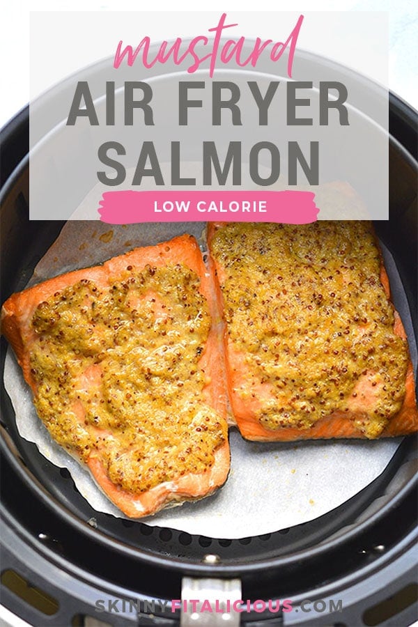 Healthy Air Fryer Mustard Salmon is a delicious mustard-glazed salmon recipe ready in less than 10 minutes. Pair it with a vegetable and another side for a simple nutrient dense meal that's naturally low calorie and gluten free.
