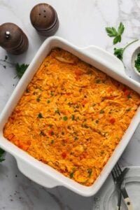 Healthy Buffalo Chicken Casserole is baked buffalo chicken recipe with cauliflower rice. A super simple and delicious one pan meal that is low calorie, low carb, gluten free, Paleo and Whole30 friendly.