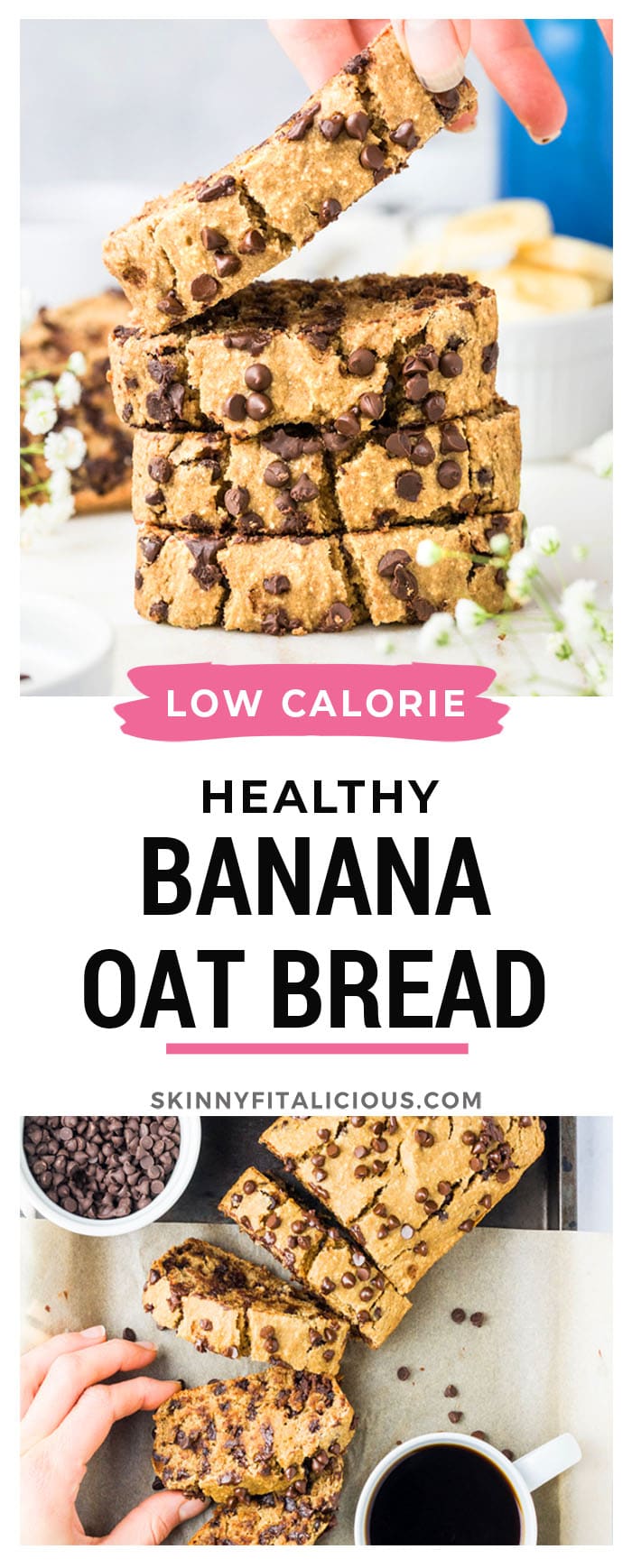Healthy Chocolate Chip Banana Oat Bread made low calorie and lower sugar. A healthy gluten free banana bread made flourless with oats and dairy free. A lower calorie baked good that's better for you!